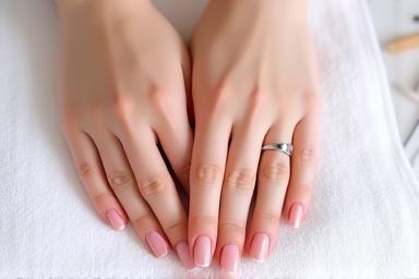 Mains élégamment manucurées posées sur une serviette blanche